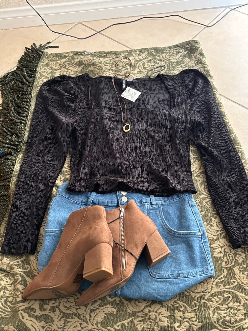 H&M Black Smocked Square-Neck Long-Sleeve Top